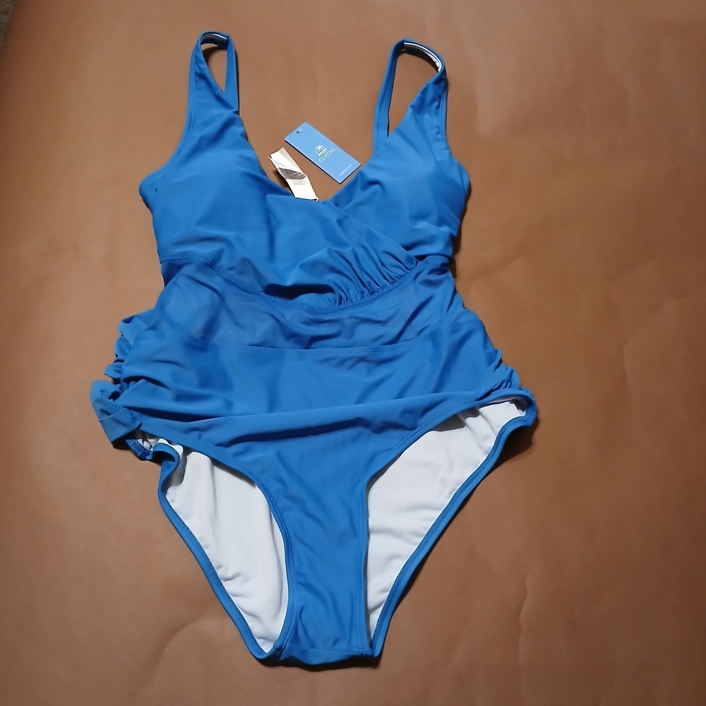 NWT Cupshe Large Women's One Piece Swimsuit Deep Blue Mesh Tummy Control